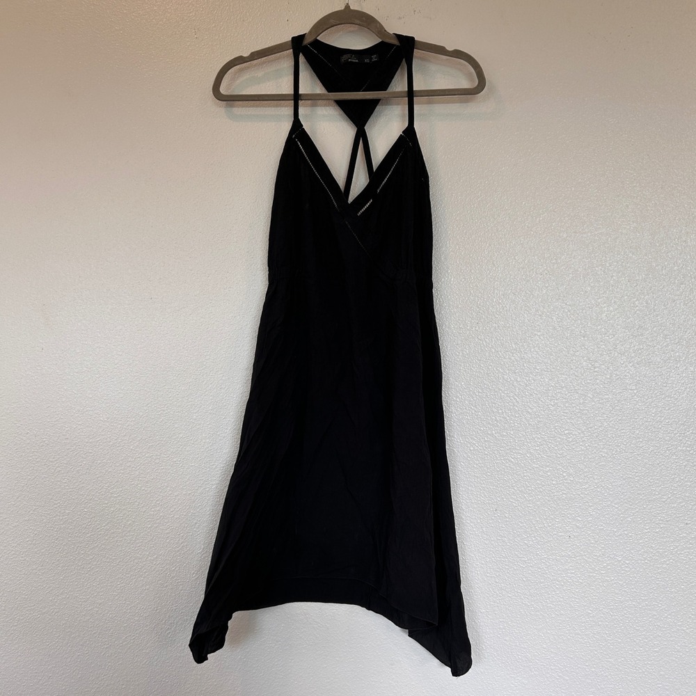 Prana Womens XS Black Organic Cotton Handkerchief Hem V-Neck Crossback Dress